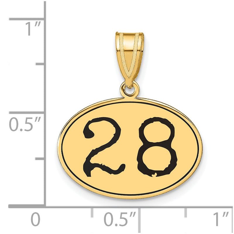 14k Yellow Gold Polished Number 28 Black Enamel Oval Pendant