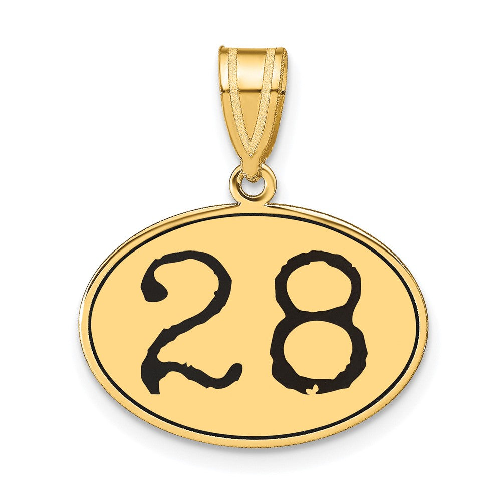 14k Yellow Gold Polished Number 28 Black Enamel Oval Pendant