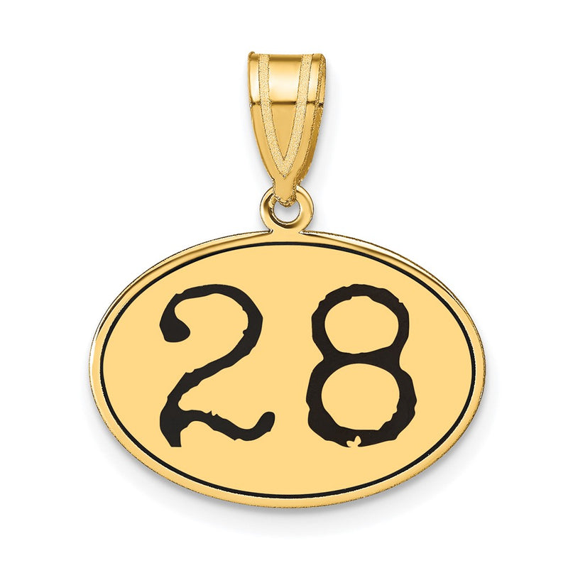 14k Yellow Gold Polished Number 28 Black Enamel Oval Pendant