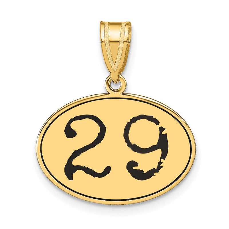 14k Yellow Gold Polished Number 29 Black Enamel Oval Pendant