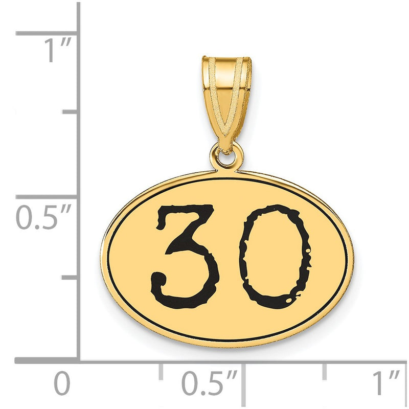14k Yellow Gold Polished Number 30 Black Enamel Oval Pendant