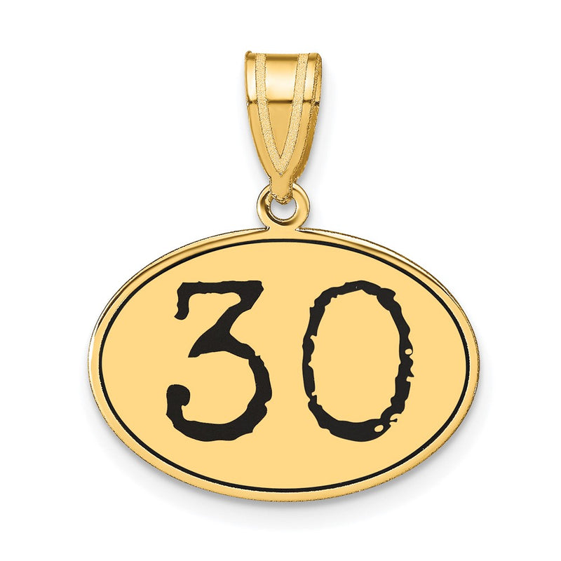 14k Yellow Gold Polished Number 30 Black Enamel Oval Pendant