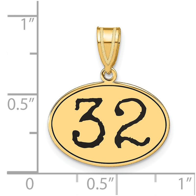14k Yellow Gold Polished Number 32 Black Enamel Oval Pendant