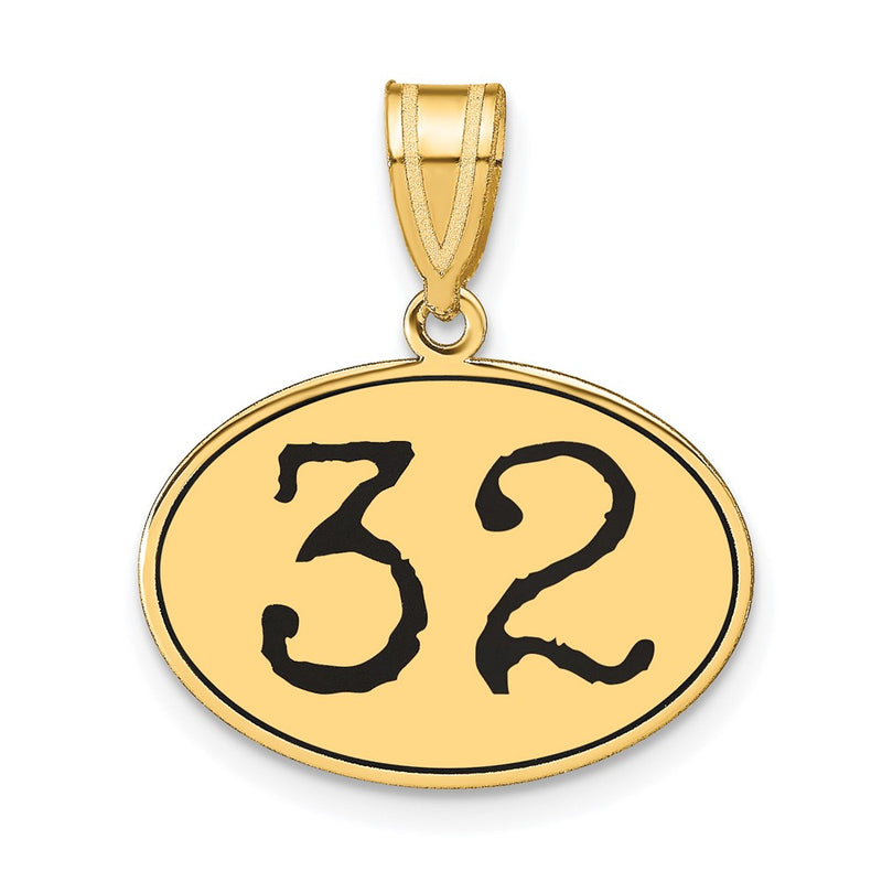 14k Yellow Gold Polished Number 32 Black Enamel Oval Pendant