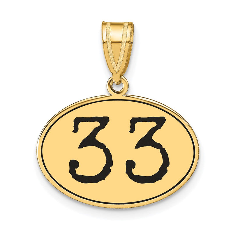 14k Yellow Gold Polished Number 33 Black Enamel Oval Pendant