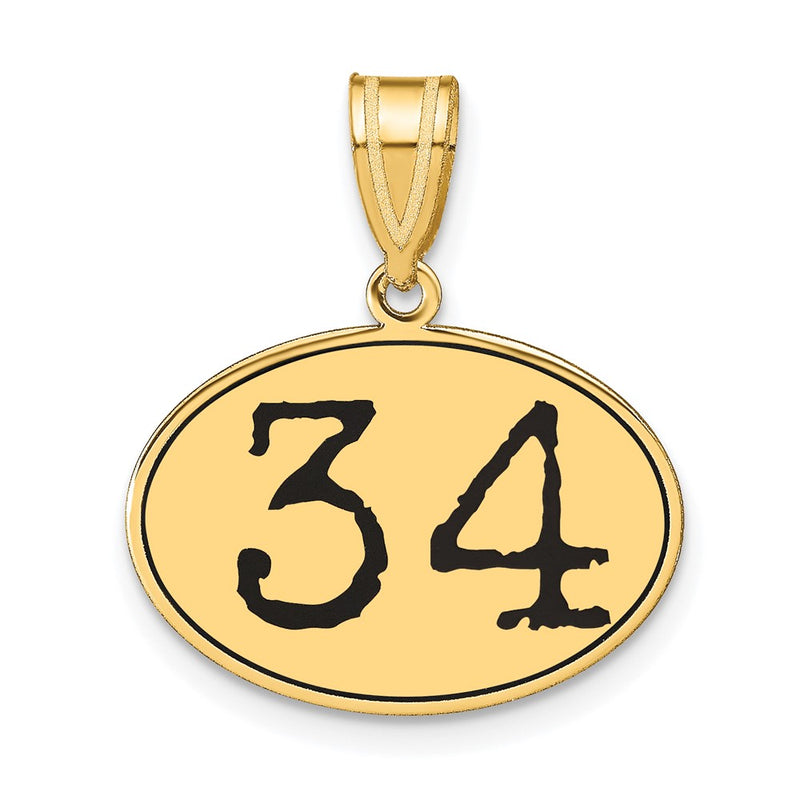 14k Yellow Gold Polished Number 34 Black Enamel Oval Pendant