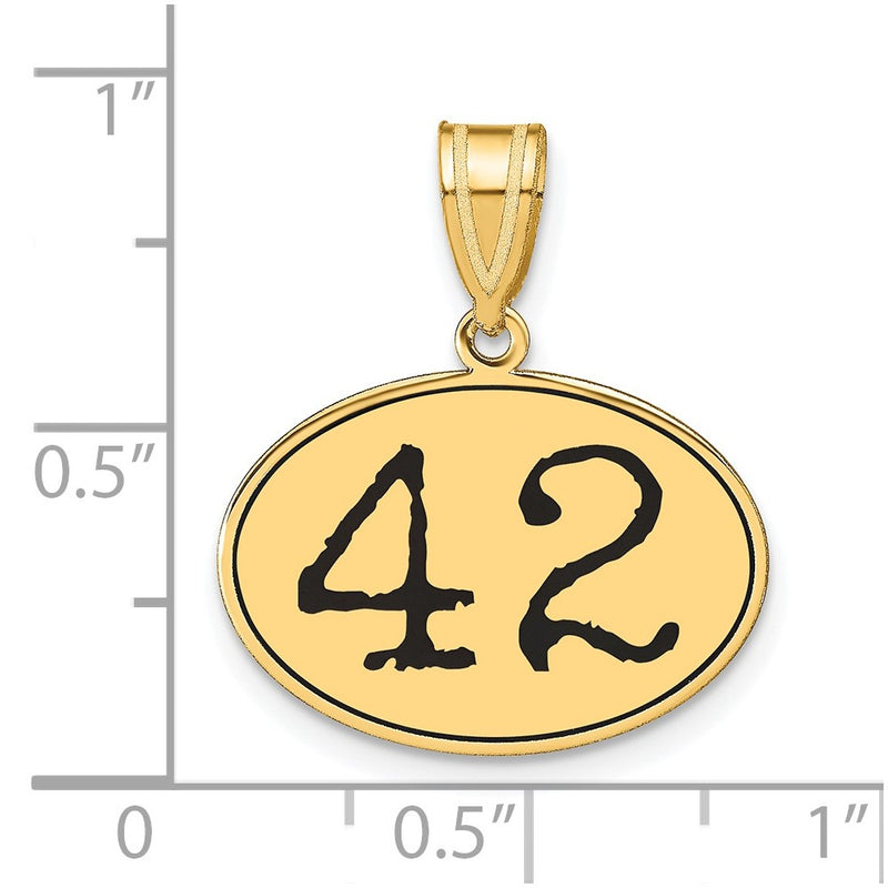 14k Yellow Gold Polished Number 42 Black Enamel Oval Pendant