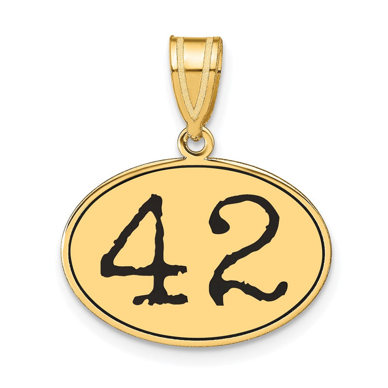 14k Yellow Gold Polished Number 42 Black Enamel Oval Pendant