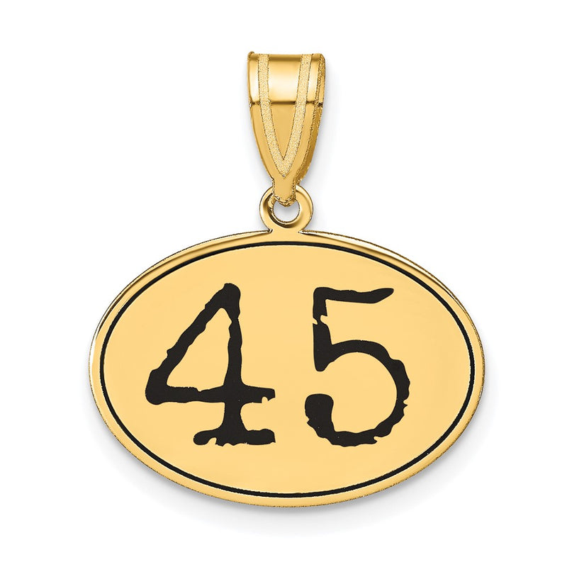 14k Yellow Gold Polished Number 45 Black Enamel Oval Pendant