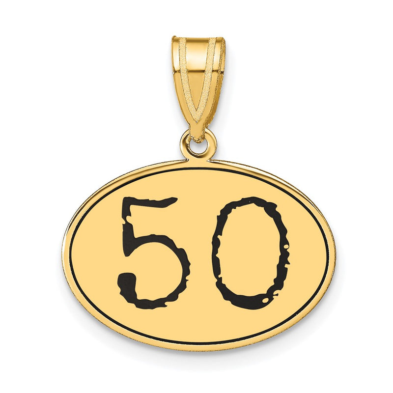 14k Yellow Gold Polished Number 50 Black Enamel Oval Pendant