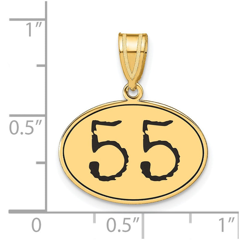 14k Yellow Gold Polished Number 55 Black Enamel Oval Pendant