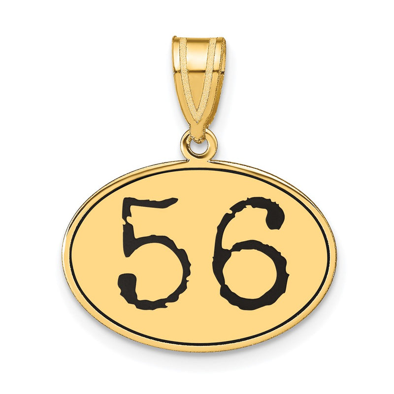 14k Yellow Gold Polished Number 56 Black Enamel Oval Pendant
