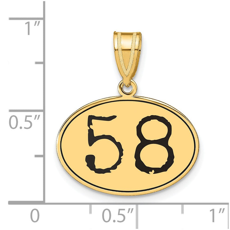 14k Yellow Gold Polished Number 58 Black Enamel Oval Pendant