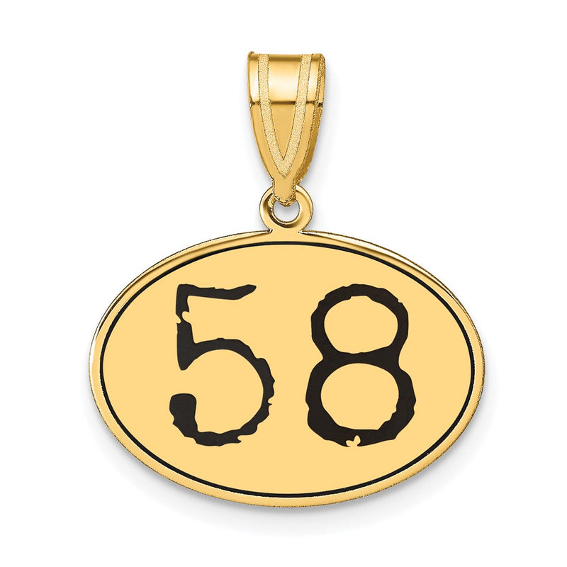 14k Yellow Gold Polished Number 58 Black Enamel Oval Pendant