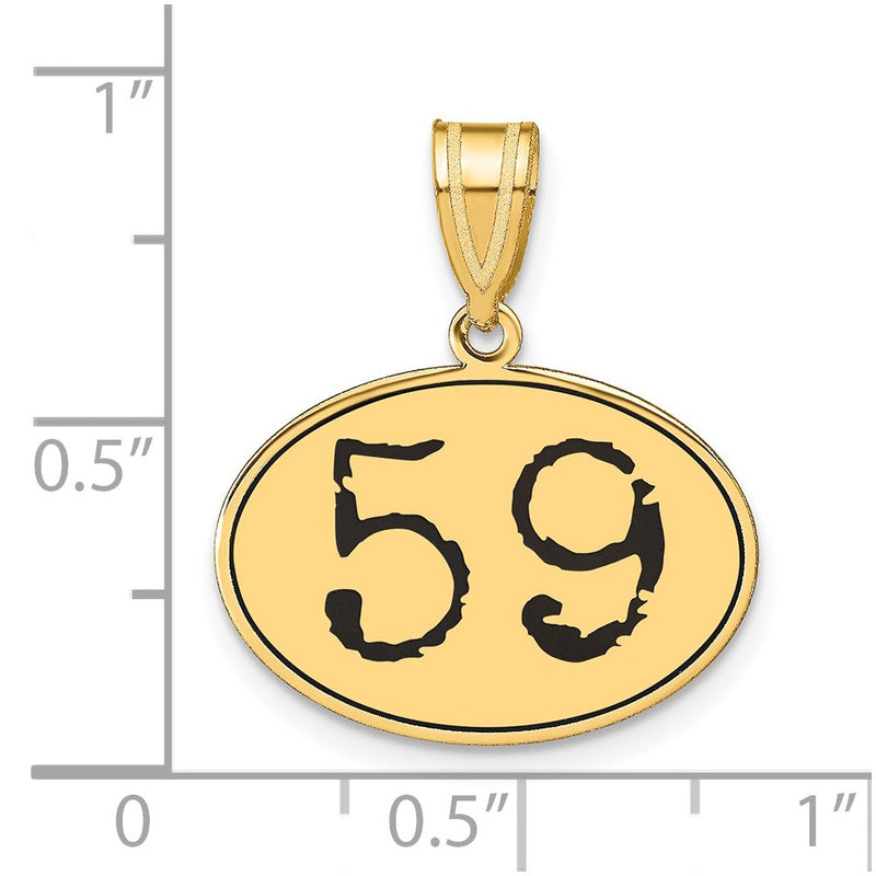 14k Yellow Gold Polished Number 59 Black Enamel Oval Pendant