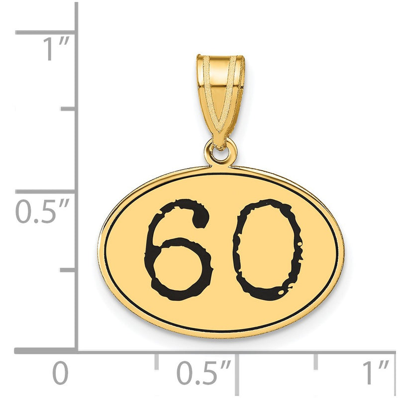 14k Yellow Gold Polished Number 60 Black Enamel Oval Pendant