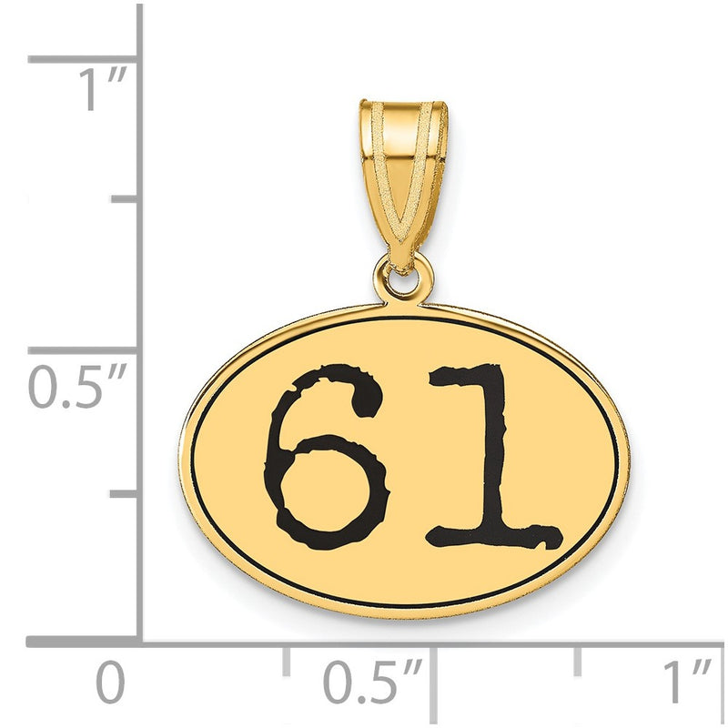 14k Yellow Gold Polished Number 61 Black Enamel Oval Pendant