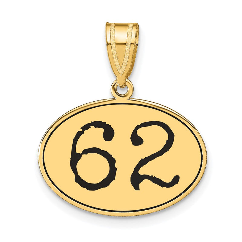 14k Yellow Gold Polished Number 62 Black Enamel Oval Pendant