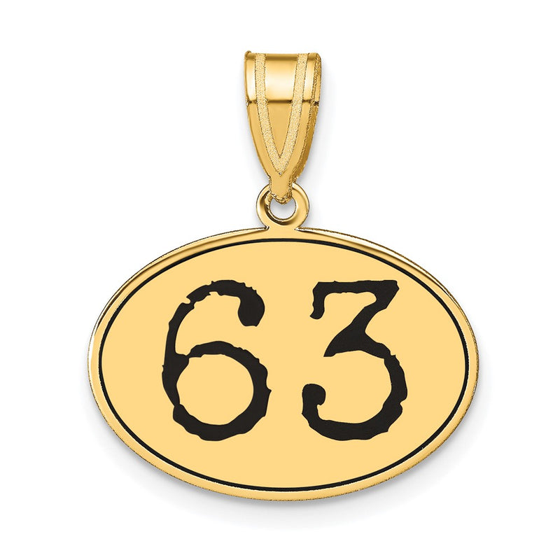 14k Yellow Gold Polished Number 63 Black Enamel Oval Pendant
