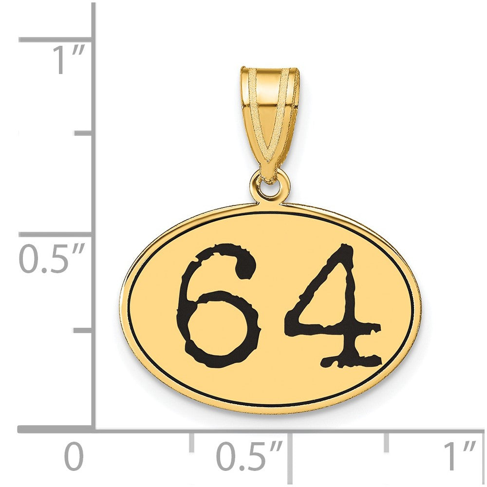 14k Yellow Gold Polished Number 64 Black Enamel Oval Pendant