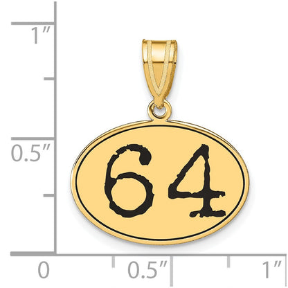 14k Yellow Gold Polished Number 64 Black Enamel Oval Pendant