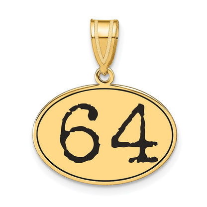14k Yellow Gold Polished Number 64 Black Enamel Oval Pendant