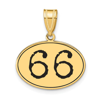 14k Yellow Gold Polished Number 66 Black Enamel Oval Pendant