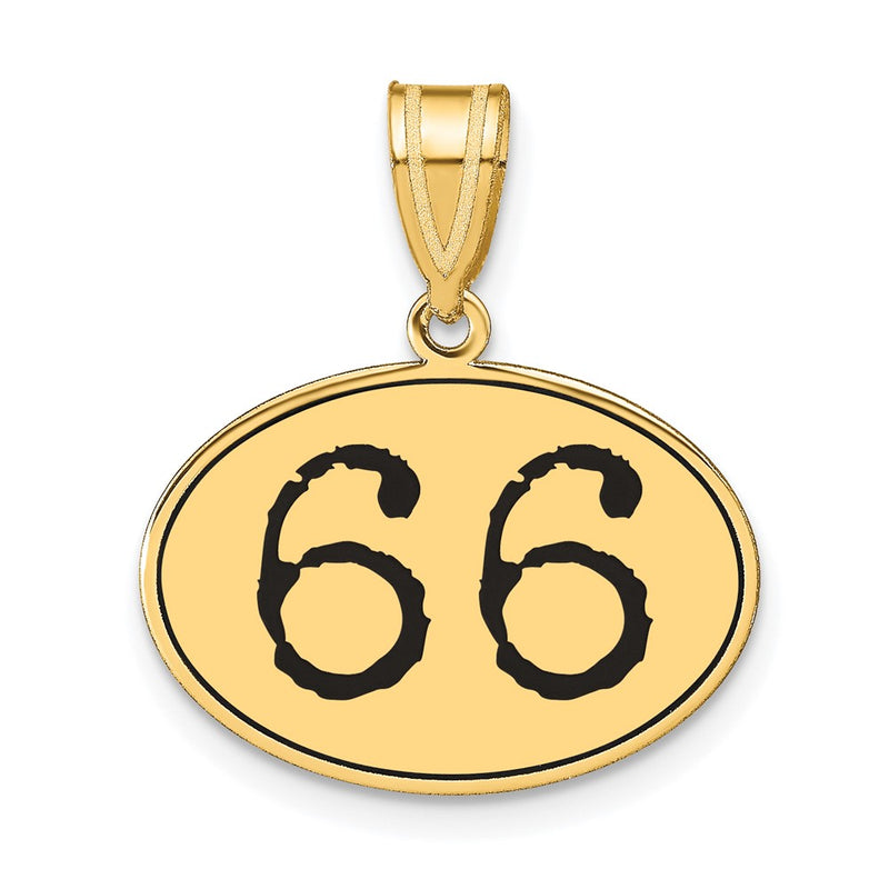 14k Yellow Gold Polished Number 66 Black Enamel Oval Pendant