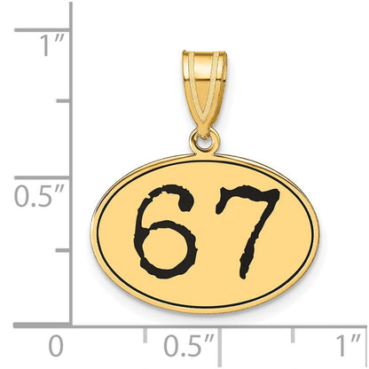 14k Yellow Gold Polished Number 67 Black Enamel Oval Pendant