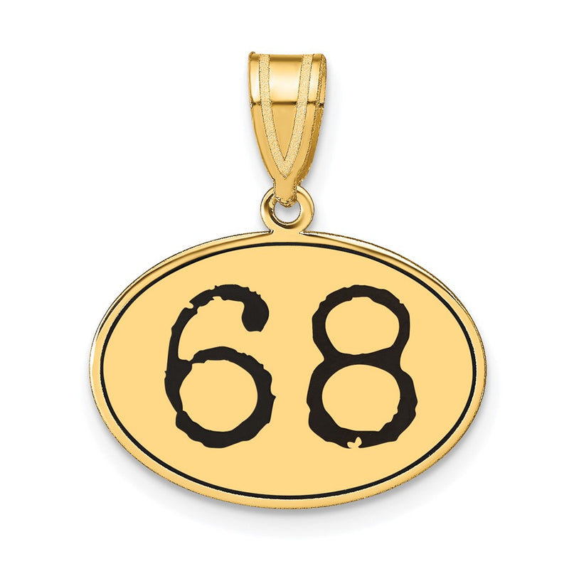 14k Yellow Gold Polished Number 68 Black Enamel Oval Pendant