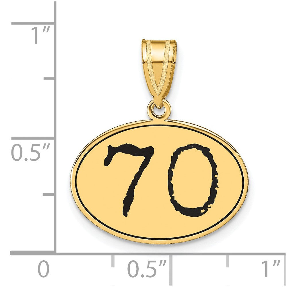 14k Yellow Gold Polished Number 70 Black Enamel Oval Pendant