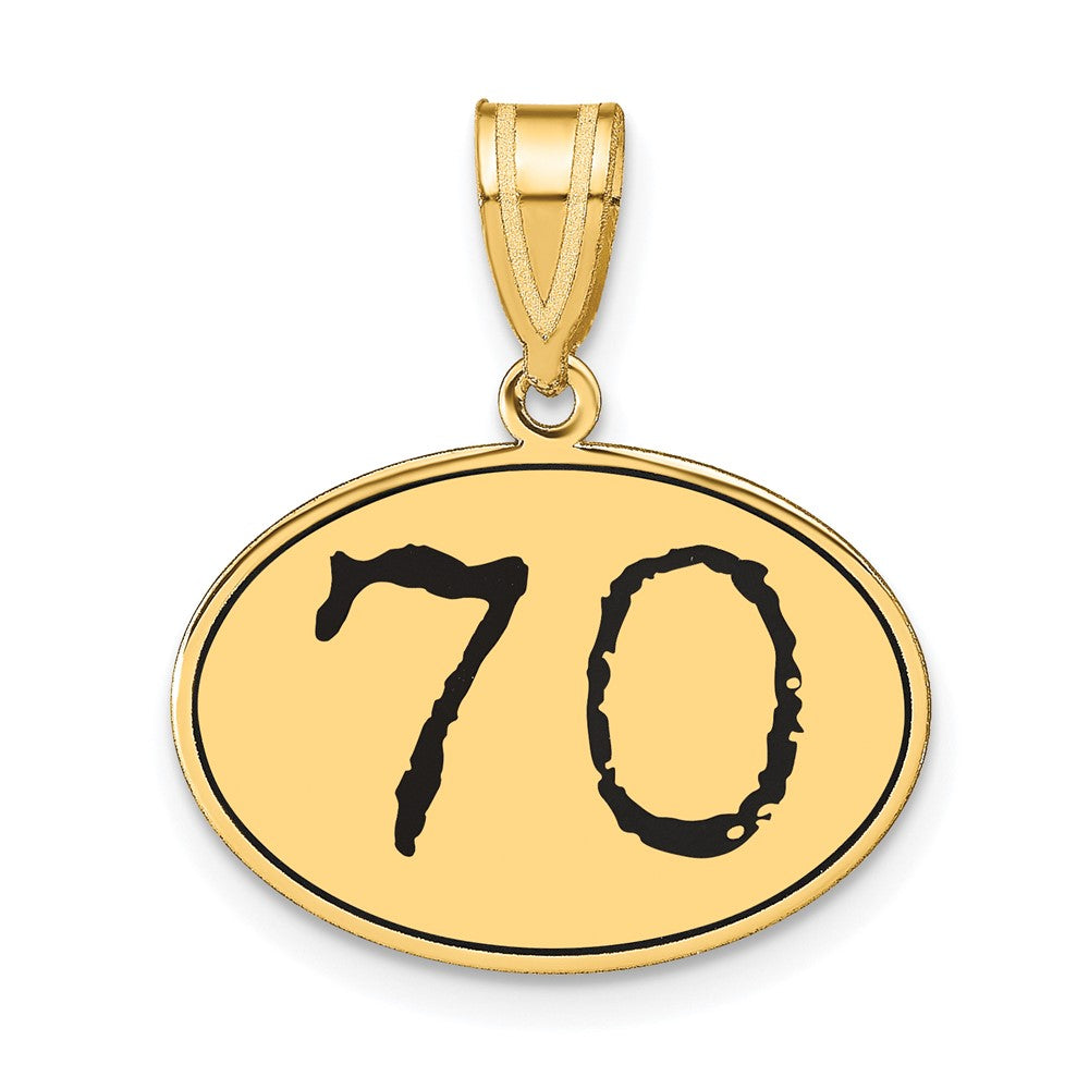 14k Yellow Gold Polished Number 70 Black Enamel Oval Pendant