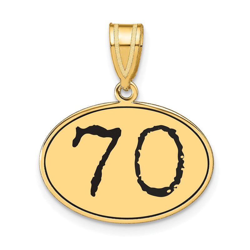 14k Yellow Gold Polished Number 70 Black Enamel Oval Pendant