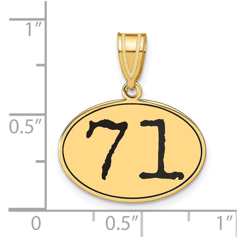 14k Yellow Gold Polished Number 71 Black Enamel Oval Pendant