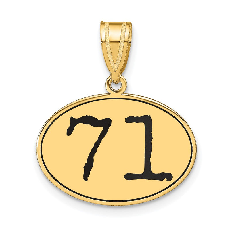 14k Yellow Gold Polished Number 71 Black Enamel Oval Pendant