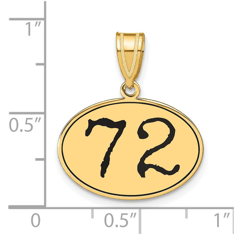14k Yellow Gold Polished Number 72 Black Enamel Oval Pendant