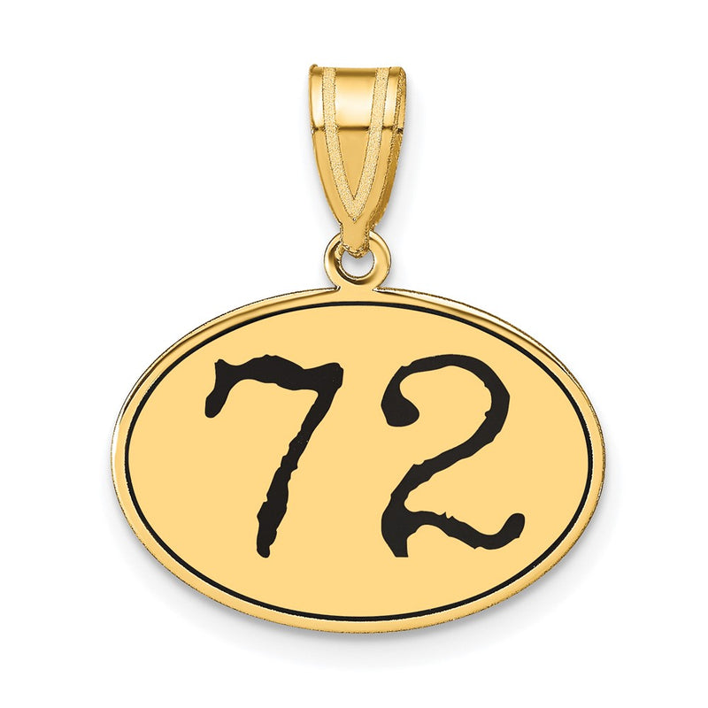 14k Yellow Gold Polished Number 72 Black Enamel Oval Pendant