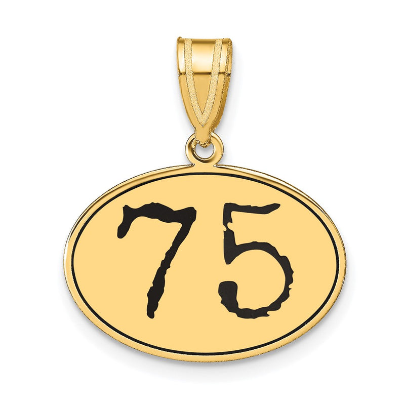 14k Yellow Gold Polished Number 75 Black Enamel Oval Pendant