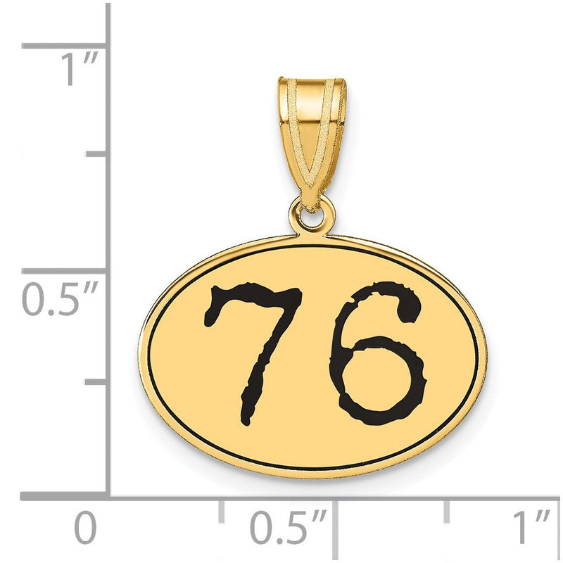 14k Yellow Gold Polished Number 76 Black Enamel Oval Pendant