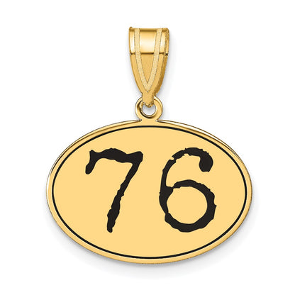14k Yellow Gold Polished Number 76 Black Enamel Oval Pendant