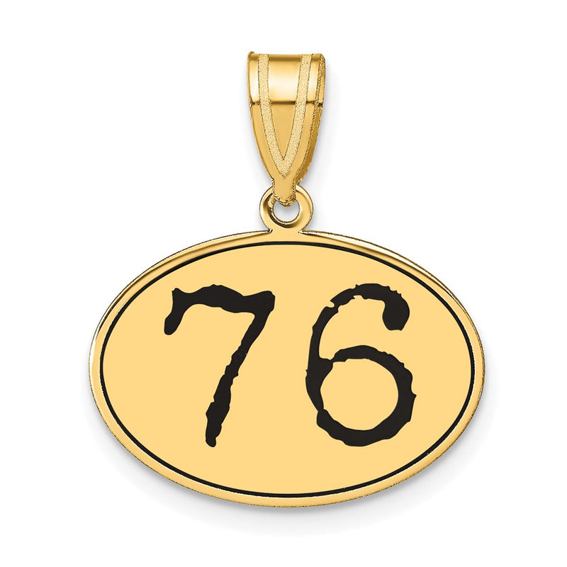 14k Yellow Gold Polished Number 76 Black Enamel Oval Pendant