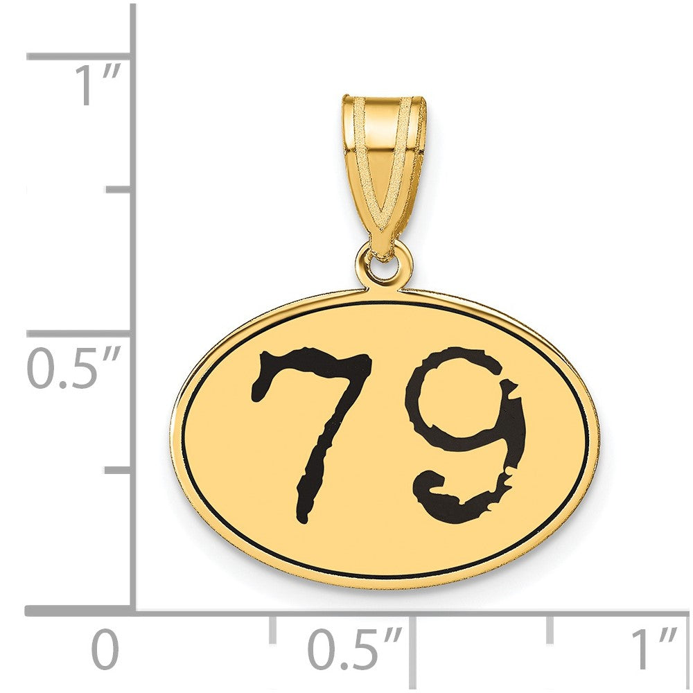 14k Yellow Gold Polished Number 79 Black Enamel Oval Pendant