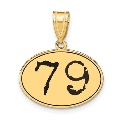 14k Yellow Gold Polished Number 79 Black Enamel Oval Pendant