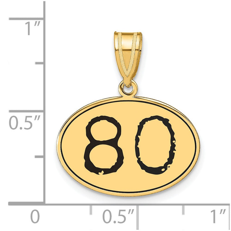 14k Yellow Gold Polished Number 80 Black Enamel Oval Pendant