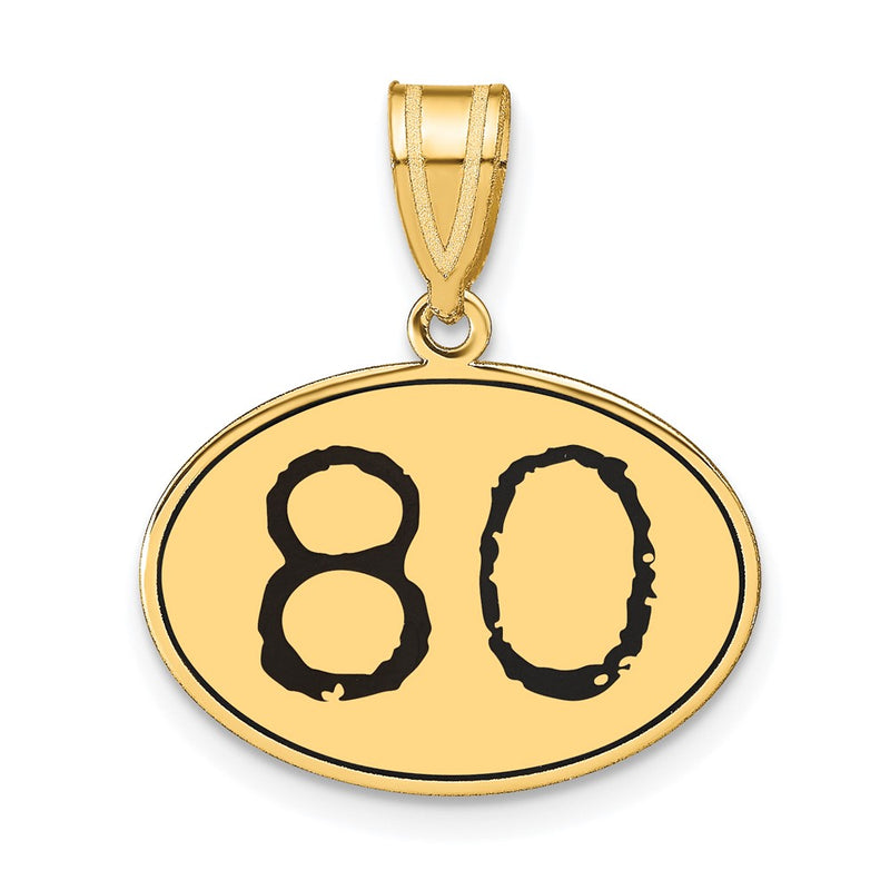 14k Yellow Gold Polished Number 80 Black Enamel Oval Pendant
