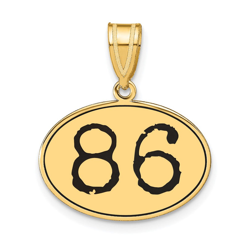 14k Yellow Gold Polished Number 86 Black Enamel Oval Pendant