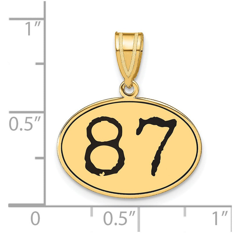 14k Yellow Gold Polished Number 87 Black Enamel Oval Pendant