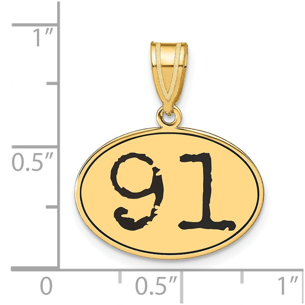14k Yellow Gold Polished Number 91 Black Enamel Oval Pendant