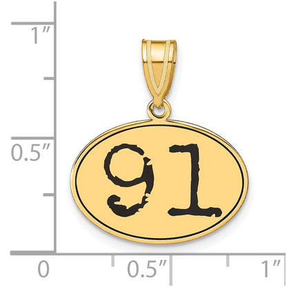 14k Yellow Gold Polished Number 91 Black Enamel Oval Pendant