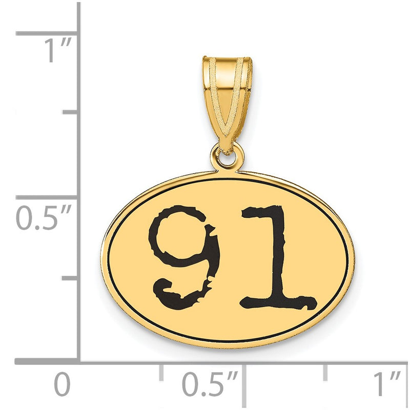 14k Yellow Gold Polished Number 91 Black Enamel Oval Pendant